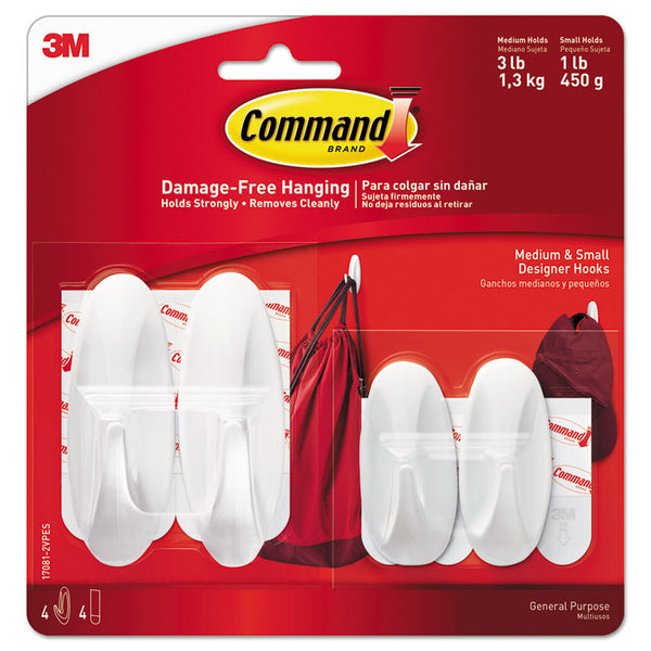 Command™ General Purpose Designer Hooks, Small/Medium, Plastic, White, 1lb and 3 lb Capacities, 4 Hooks and 4 Strips/Pack (MMM170812VPES)