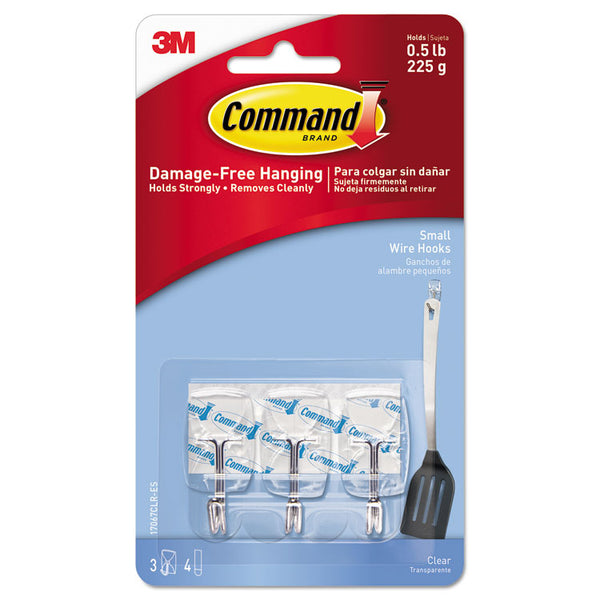 Command™ Clear Hooks and Strips, Small, Plastic/Metal, 0.5 lb Capacity, 3 Hooks and 4 Strips/Pack (MMM17067CLRES)