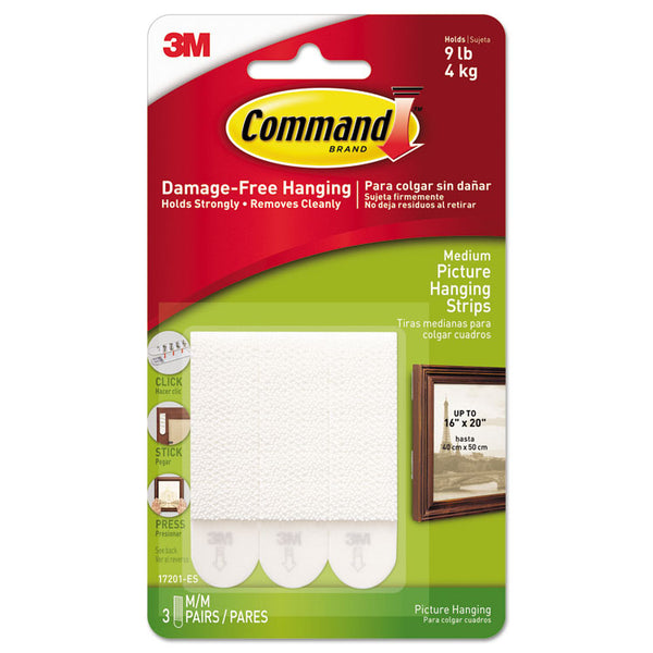 Command™ Picture Hanging Strips, Removable, Holds Up to 3 lbs per Pair, 0.75 x 2.75, White, 3 Pairs/Pack (MMM17201ES)