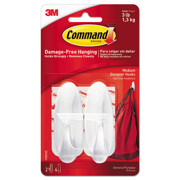 Command™ General Purpose Designer Hooks, Medium, Plastic, White, 3 lb Capacity, 2 Hooks and 4 Strips/Pack (MMM17081ES)