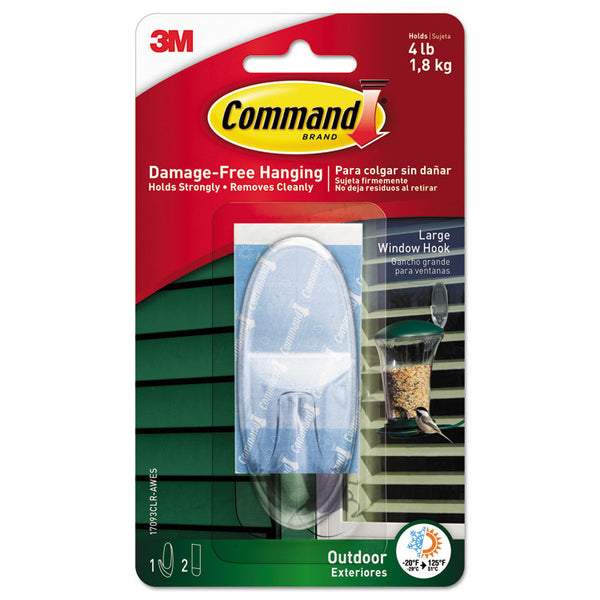 Command™ All Weather Hooks and Strips, Large, Plastic, Clear, 4 lb Capacity, 1 Hook and 2 Strips/Pack (MMM17093CLRAWES)