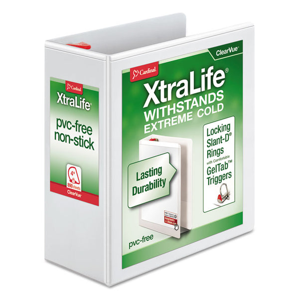 Cardinal® XtraLife ClearVue Non-Stick Locking Slant-D Ring Binder, 3 Rings, 4" Capacity, 11 x 8.5, White (CRD26340) Each