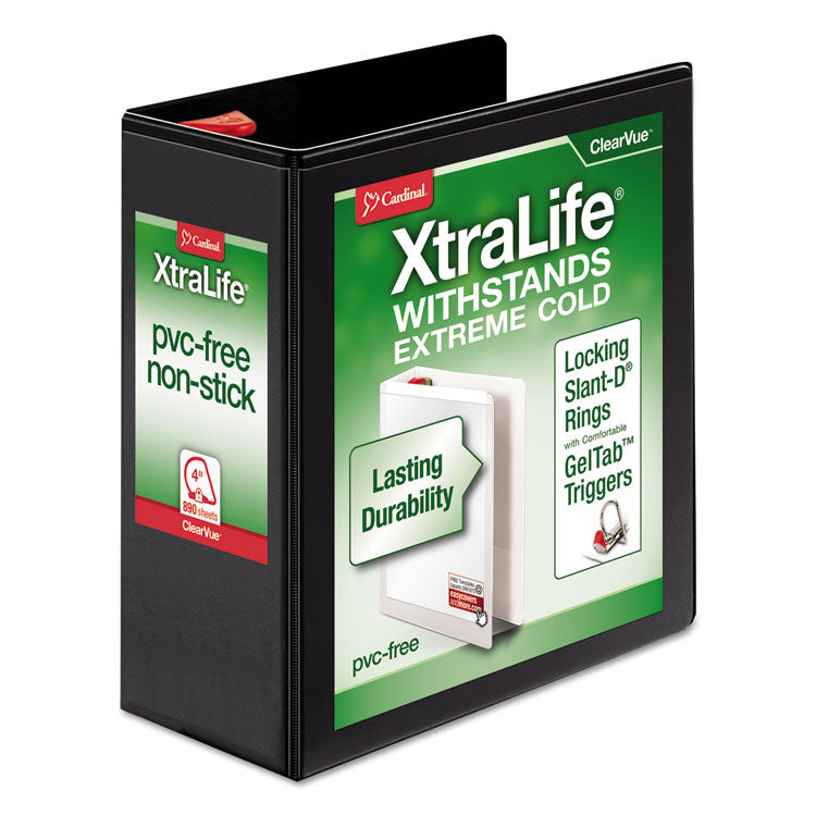 Cardinal® XtraLife ClearVue Non-Stick Locking Slant-D Ring Binder, 3 Rings, 4" Capacity, 11 x 8.5, Black (CRD26341) Each