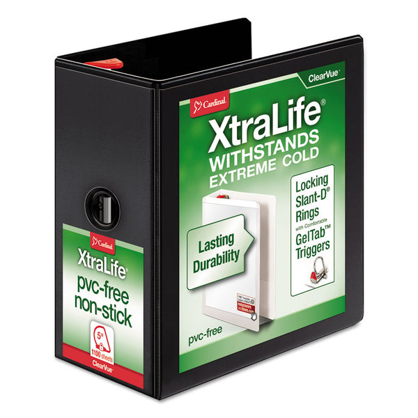 Cardinal® XtraLife ClearVue Non-Stick Locking Slant-D Ring Binder, 3 Rings, 5" Capacity, 11 x 8.5, Black (CRD26351)