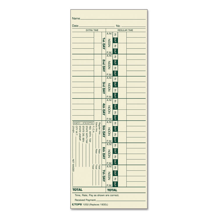 TOPS™ Time Clock Cards, Replacement for 1900L, One Side, 3.5 x 9, 500/Box (TOP1252) Pack of 500