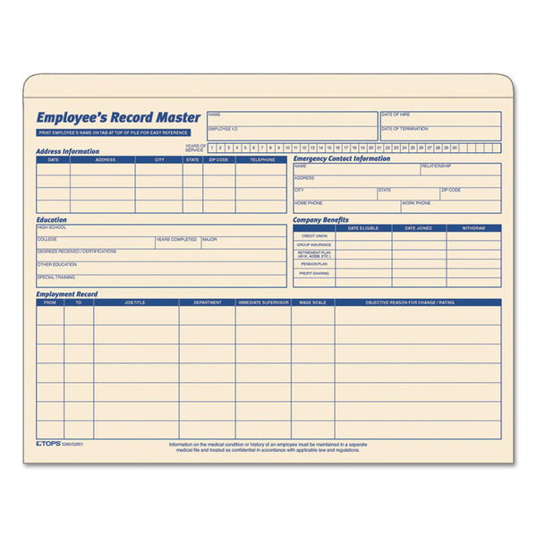 TOPS™ Employee Record Master File Jacket, Straight Tab, Letter Size, Manila, 20/Pack (TOP3280) Pack of 20