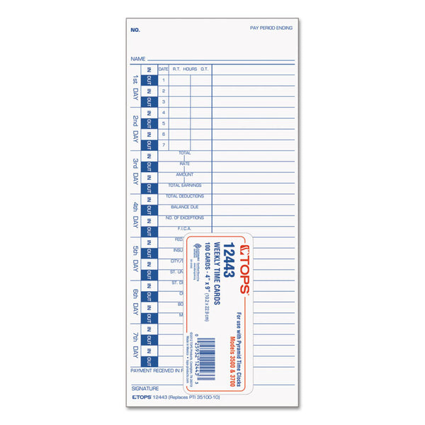 TOPS™ Time Clock Cards, Replacement for 35100-10, One Side, 4 x 9, 100/Pack (TOP12443) Pack of 100