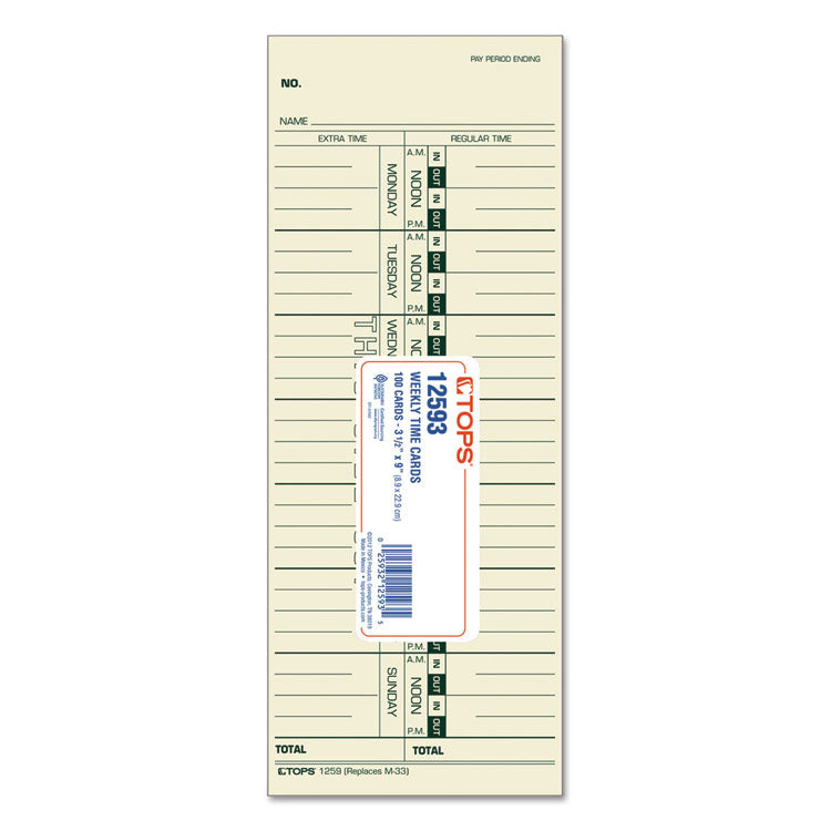 TOPS™ Time Clock Cards, Replacement for 10-800292/M-33, One Side, 3.5 x 9, 100/Pack (TOP12593) Pack of 100