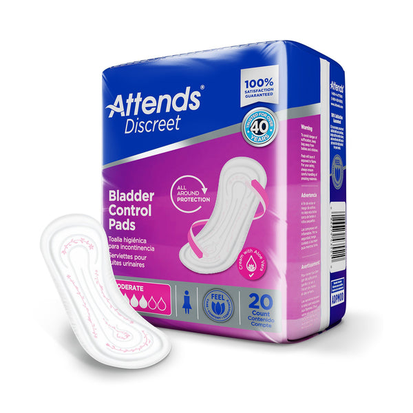 Attends® Discreet Bladder Control Pad 10-1/2 Inch Length Moderate Absorbency Polymer Core One Size Fits Most (1039118_BG) 20/BG