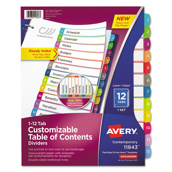 Avery® Customizable TOC Ready Index Multicolor Tab Dividers, 12-Tab, 1 to 12, 11 x 8.5, White, Contemporary Color Tabs, 1 Set (AVE11843)