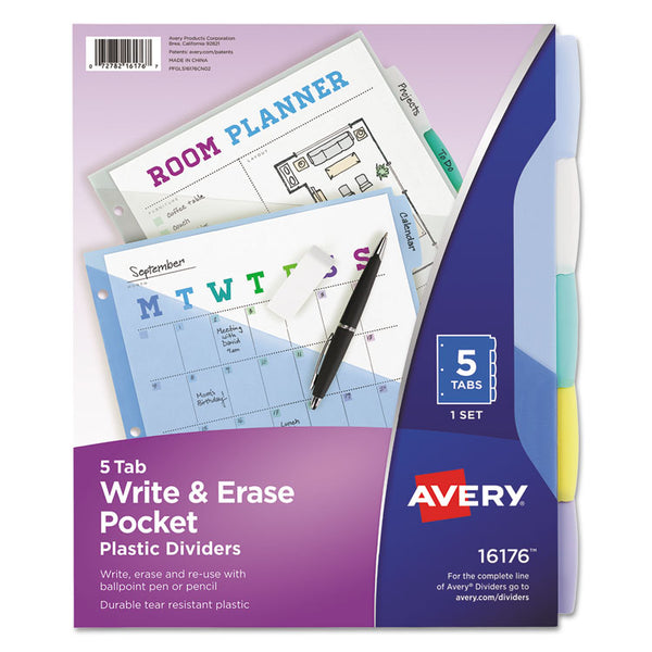 Avery® Write and Erase Durable Plastic Dividers with Slash Pocket, 3-Hold Punched, 5-Tab, 11.13 x 9.25, Assorted, 1 Set (AVE16176)