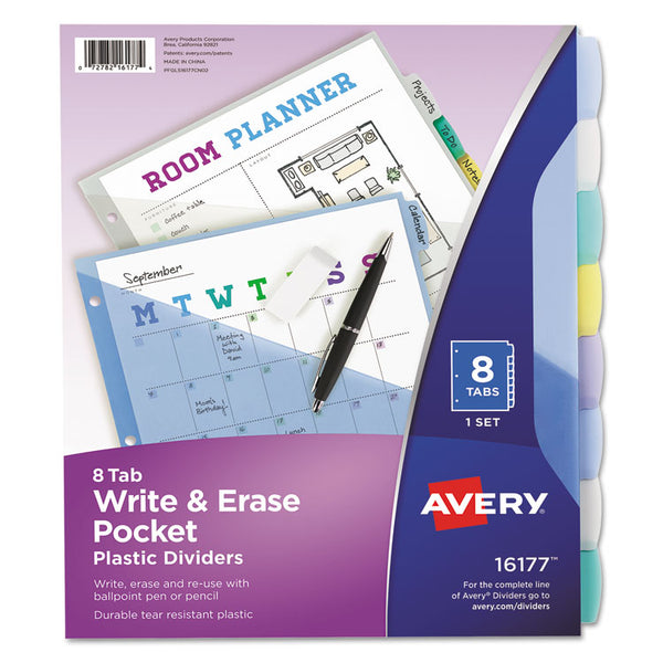 Avery® Write and Erase Durable Plastic Dividers with Slash Pocket, 3-Hold Punched, 8-Tab, 11.13 x 9.25, Assorted, 1 Set (AVE16177)