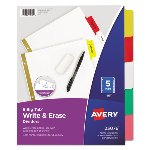 Avery® Write and Erase Big Tab Paper Dividers, 5-Tab, 11 x 8.5, White, Assorted Tabs, 1 Set (AVE23076)