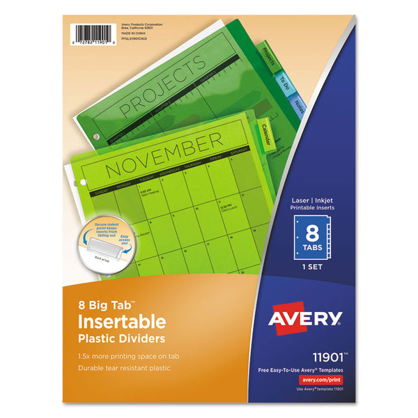 Avery® Insertable Big Tab Plastic Dividers, 8-Tab, 11 x 8.5, Assorted, 1 Set (AVE11901)