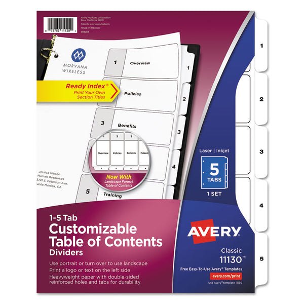 Avery® Customizable TOC Ready Index Black and White Dividers, 5-Tab, 1 to 5, 11 x 8.5, 1 Set (AVE11130)