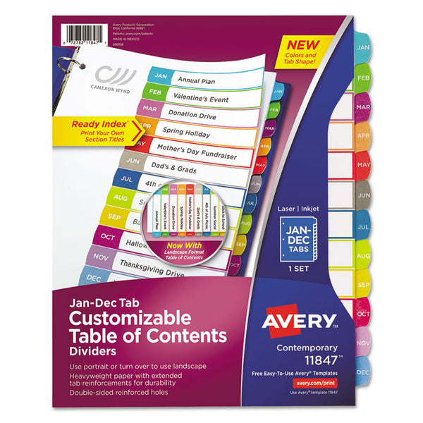 Avery® Customizable TOC Ready Index Multicolor Tab Dividers, 12-Tab, Jan. to Dec., 11 x 8.5, White, Contemporary Color Tabs, 1 Set (AVE11847)