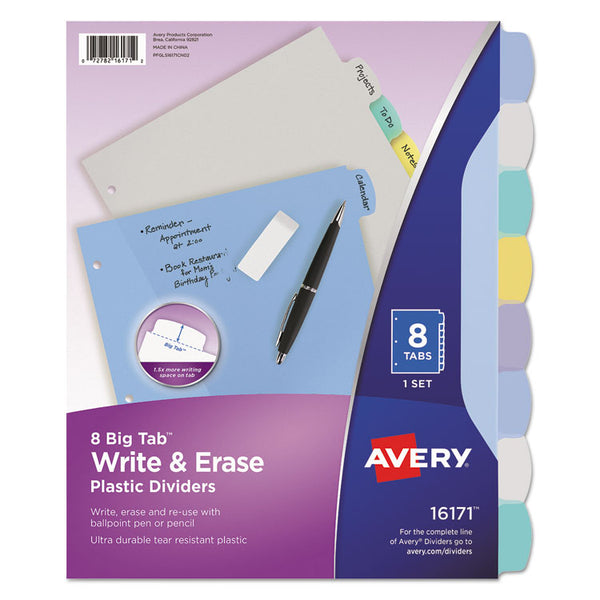 Avery® Write and Erase Big Tab Durable Plastic Dividers, 3-Hole Punched, 8-Tab, 11 x 8.5, Assorted, 1 Set (AVE16171)