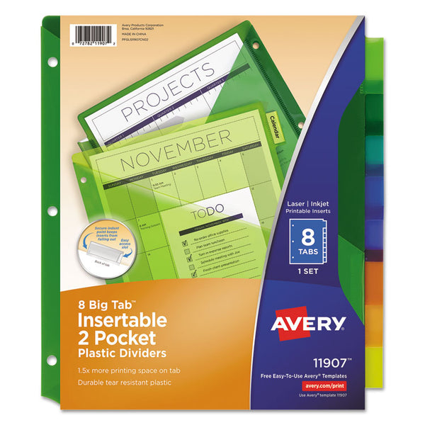 Avery® Insertable Big Tab Plastic 2-Pocket Dividers, 8-Tab, 11.13 x 9.25, Assorted, 1 Set (AVE11907)