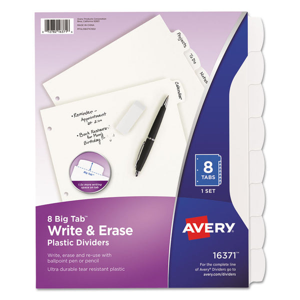 Avery® Write and Erase Big Tab Durable Plastic Dividers, 3-Hole Punched, 8-Tab, 11 x 8.5, White, 1 Set (AVE16371)