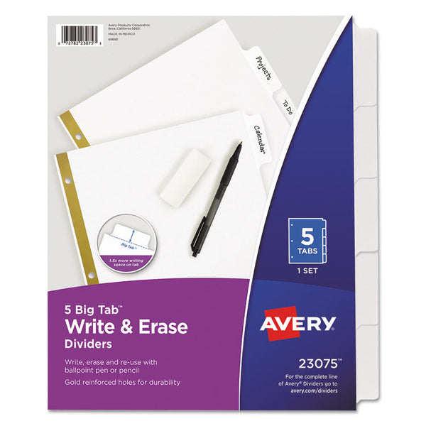 Avery® Write and Erase Big Tab Paper Dividers, 5-Tab, 11 x 8.5, White, White Tabs, 1 Set (AVE23075)