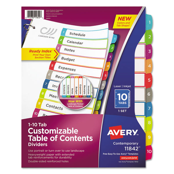 Avery® Customizable TOC Ready Index Multicolor Tab Dividers, 10-Tab, 1 to 10, 11 x 8.5, White, Contemporary Color Tabs, 1 Set (AVE11842)