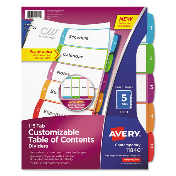 Avery® Customizable TOC Ready Index Multicolor Tab Dividers, 5-Tab, 1 to 5, 11 x 8.5, White, Contemporary Color Tabs, 1 Set (AVE11840)