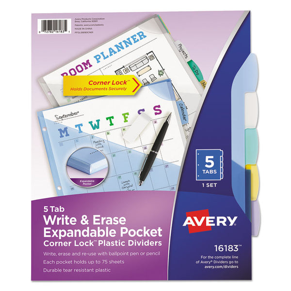 Avery® Write and Erase Big Tab Durable Plastic Dividers, Expandable Pocket, 3-Hole Punched, 5-Tab, 11 x 8.5, Assorted, 1 Set (AVE16183)