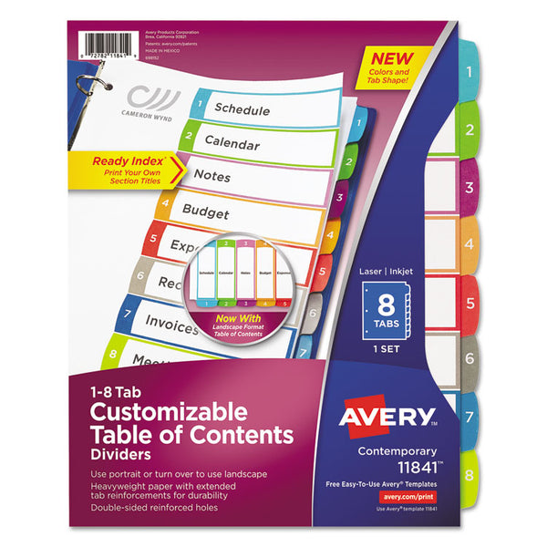 Avery® Customizable TOC Ready Index Multicolor Tab Dividers, 8-Tab, 1 to 8, 11 x 8.5, White, Contemporary Color Tabs, 1 Set (AVE11841)