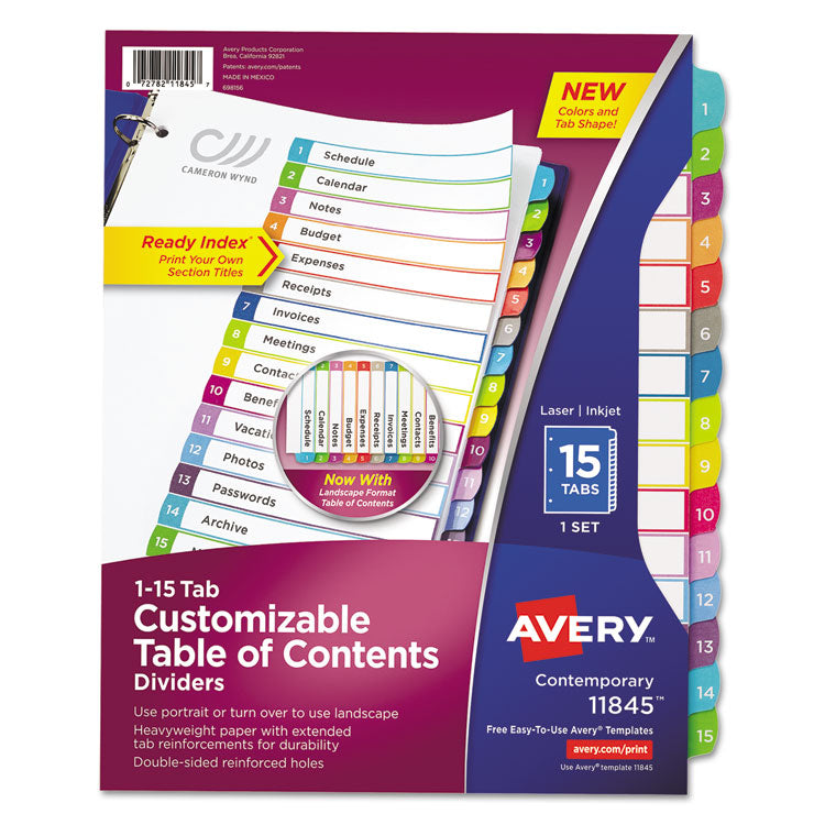 Avery® Customizable TOC Ready Index Multicolor Tab Dividers, 15-Tab, 1 to 15, 11 x 8.5, White, Contemporary Color Tabs, 1 Set (AVE11845) Set of 15
