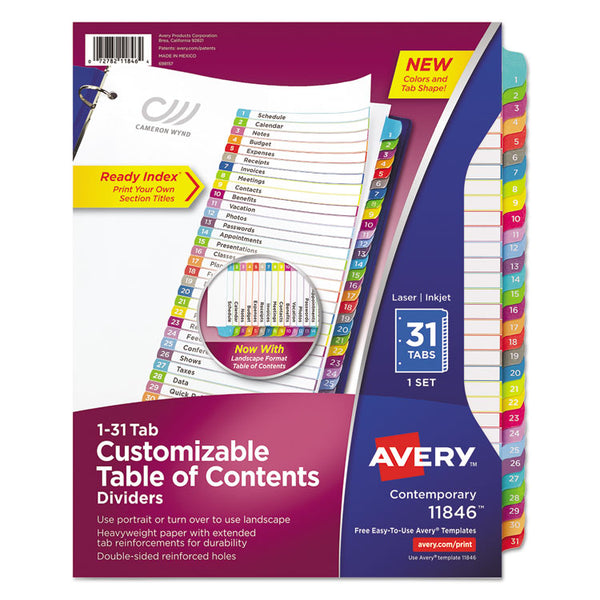 Avery® Customizable TOC Ready Index Multicolor Tab Dividers, 31-Tab, 1 to 31, 11 x 8.5, White, Contemporary Color Tabs, 1 Set (AVE11846)