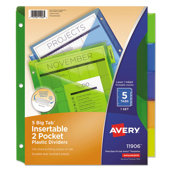 Avery® Insertable Big Tab Plastic 2-Pocket Dividers, 5-Tab, 11.13 x 9.25, Assorted, 1 Set (AVE11906)