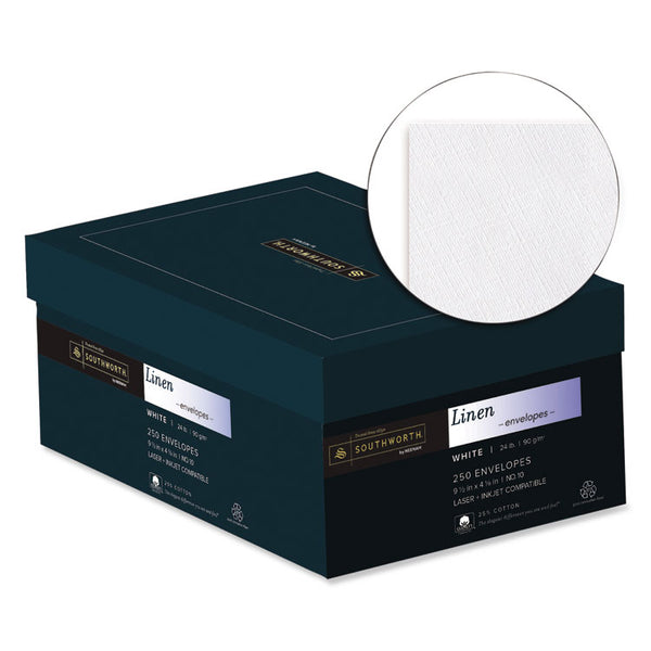 Southworth® 25% Cotton Linen #10 Envelope, Commercial Flap, Gummed Closure, 4.13 x 9.5, White, 250/Box (SOUJ55410)
