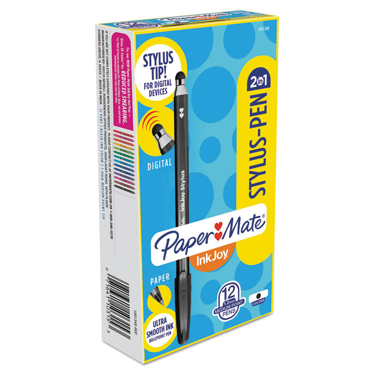 Paper Mate® InkJoy 100 Ballpoint Pen/Stylus, Stick, Medium 1 mm, Black Ink, Black Barrel, Dozen (PAP1951348)
