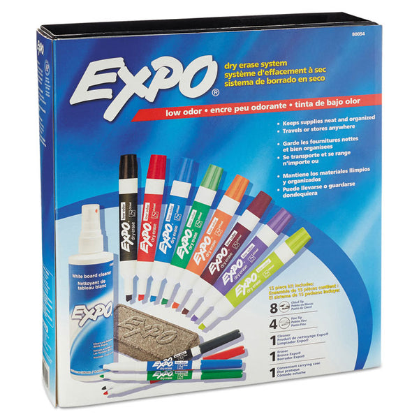 EXPO® Low-Odor Dry Erase Marker, Eraser and Cleaner Kit, Medium Assorted Tips, Assorted Colors, 12/Set (SAN80054)