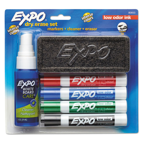 EXPO® Low-Odor Dry Erase Marker Starter Set, Broad Chisel Tip, Assorted Colors, 4/Set (SAN80653)