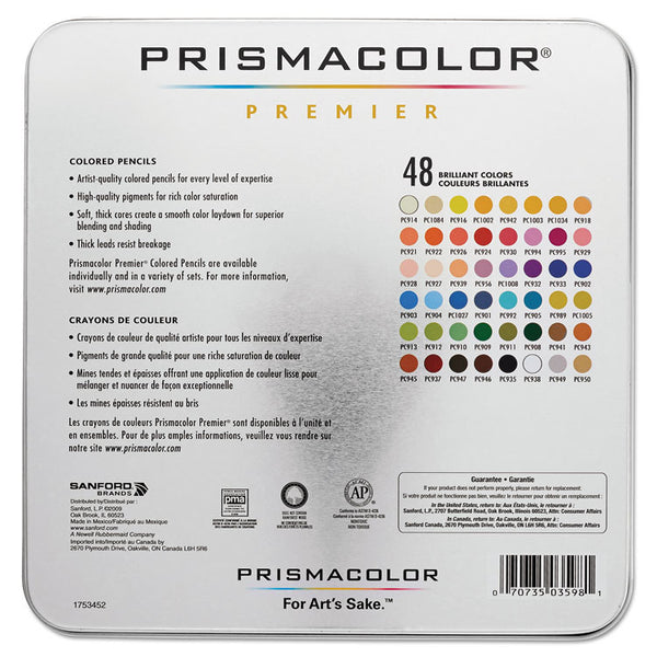 Prismacolor® Premier Colored Pencil, 3 mm, 2B, Assorted Lead and Barrel Colors, 48/Pack (SAN3598THT) Set of 48