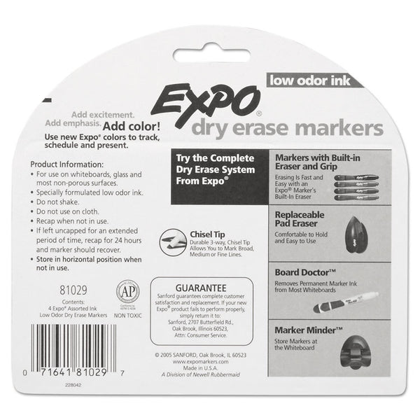 EXPO® Low-Odor Dry-Erase Marker, Broad Chisel Tip, Assorted Pastel Colors, 4/Set (SAN81029)