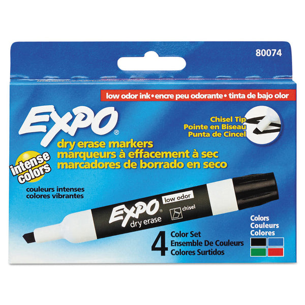 EXPO® Low-Odor Dry-Erase Marker, Broad Chisel Tip, Assorted Colors, 4/Set (SAN80074)