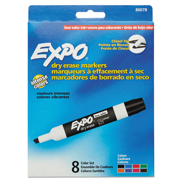 EXPO® Low-Odor Dry-Erase Marker, Broad Chisel Tip, Assorted Colors, 8/Set (SAN80078)