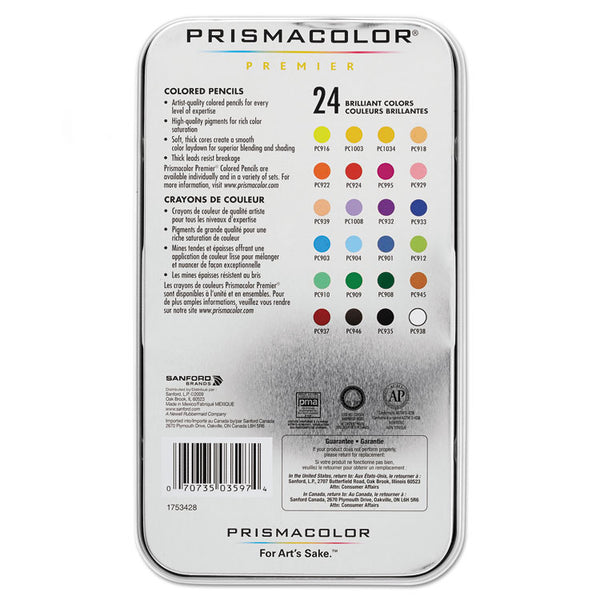 Prismacolor® Premier Colored Pencil, 3 mm, 2B, Assorted Lead and Barrel Colors, 24/Pack (SAN3597THT) Set of 24