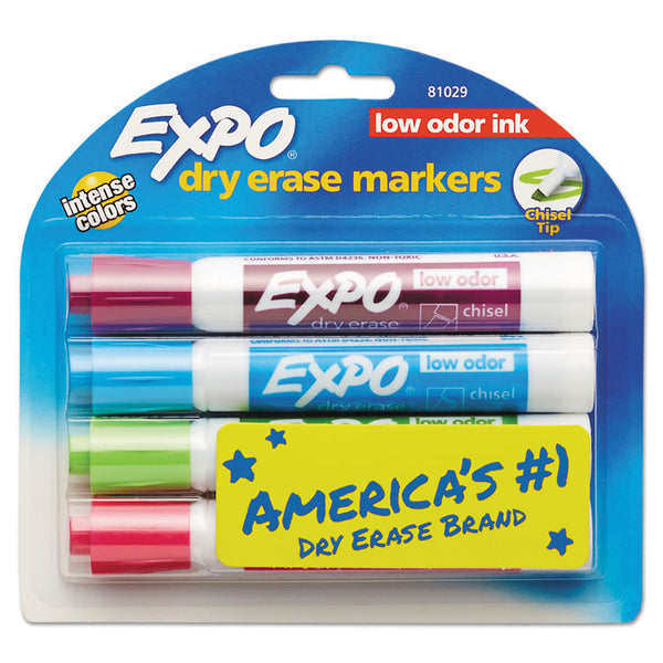EXPO® Low-Odor Dry-Erase Marker, Broad Chisel Tip, Assorted Pastel Colors, 4/Set (SAN81029)