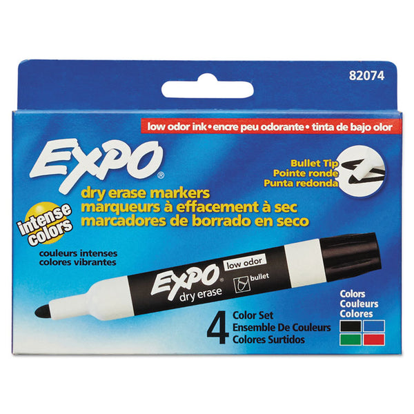 EXPO® Low-Odor Dry-Erase Marker, Medium Bullet Tip, Assorted Colors, 4/Set (SAN82074) Set of 4