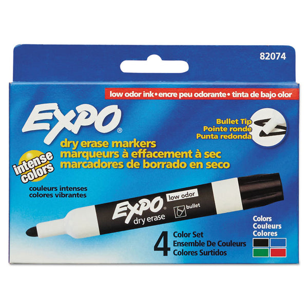 EXPO® Low-Odor Dry-Erase Marker, Medium Bullet Tip, Assorted Colors, 4/Set (SAN82074)