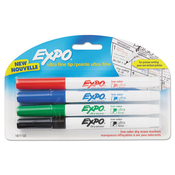 EXPO® Low-Odor Dry-Erase Marker, Extra-Fine Bullet Tip, Assorted Colors, 4/Pack (SAN1871133)