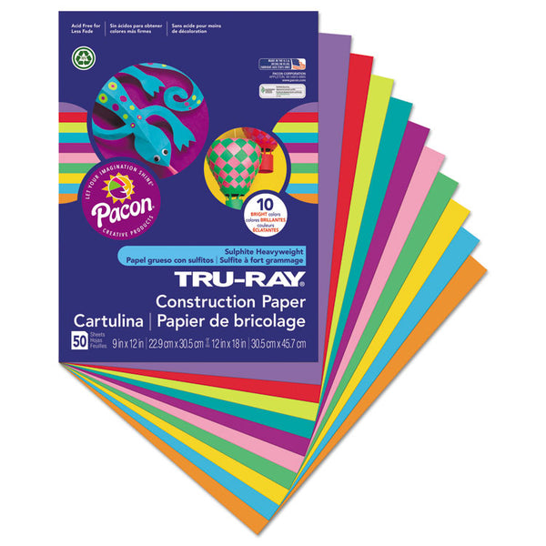 Pacon® Tru-Ray Construction Paper, 76 lb Text Weight, 9 x 12, Assorted Bright Colors, 50/Pack (PAC102940) Pack of 50