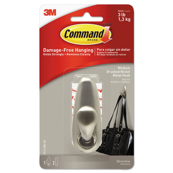 Command™ Adhesive Mount Metal Hook, Medium, Brushed Nickel Finish, 3 lb Capacity, 1 Hook and 2 Strips (MMMFC12BNES)