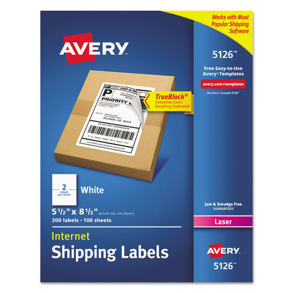 Avery® Shipping Labels w/ TrueBlock Technology, Laser Printers, 5.5 x 8.5, White, 2/Sheet, 100 Sheets/Box (AVE5126)