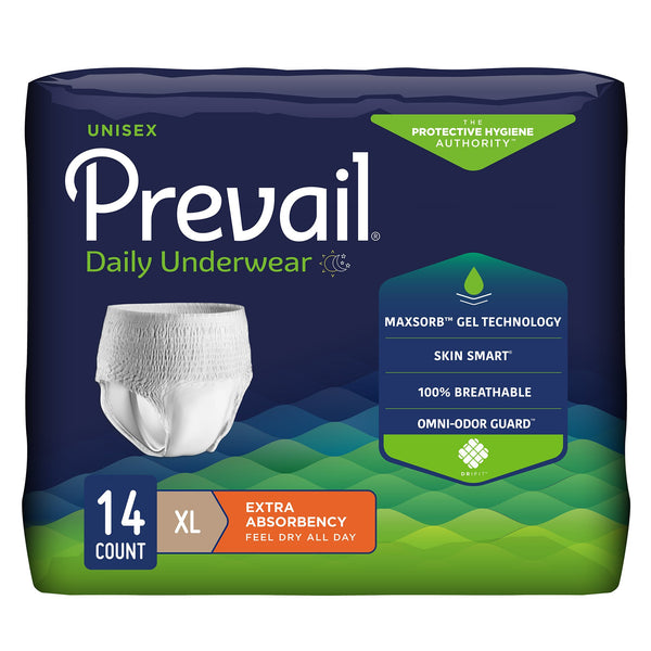 Prevail® Daily Underwear Extra Unisex Adult Absorbent Underwear Pull On with Tear Away Seams X-Large Disposable Moderate Absorbency (466609_PK) 14/PK
