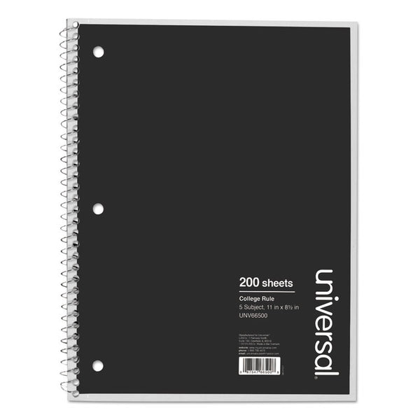 Universal® Wirebound Notebook, 5-Subject, Medium/College Rule, Black Cover, (200) 11 x 8.5 Sheets (UNV66500)