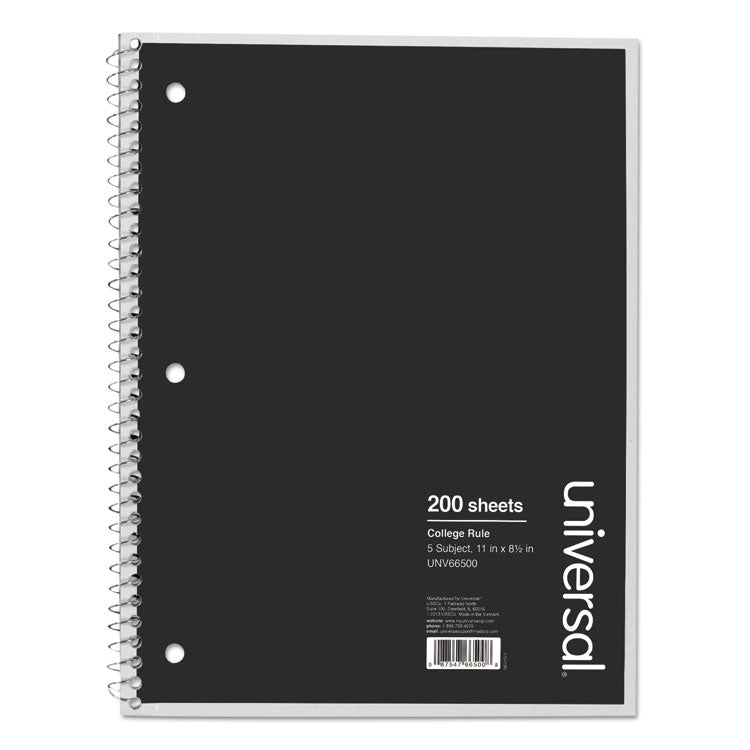 Universal® Wirebound Notebook, 5-Subject, Medium/College Rule, Black Cover, (200) 11 x 8.5 Sheets (UNV66500)